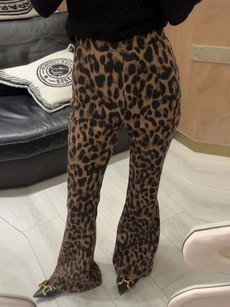 HOUZHOU Vintage Leopard Pants Women Skinny Flared Leggings Trousers High Waist Female Streetwear Sexy Casual Summer 2024 New
