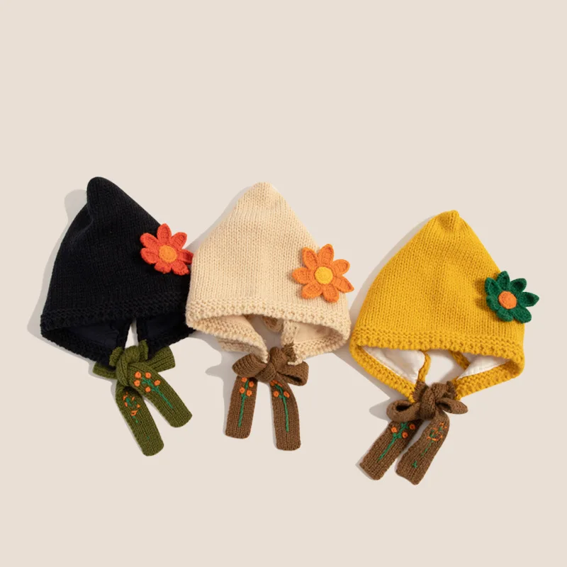 

2-8 Years Baby Cap Autumn Winter Cute Woolen Cap Handmade Ear Protection Flowers Thickening Strap Knitted Head Cap Free Shipping