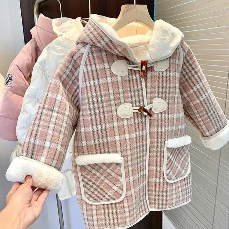 Girls Winter Coat Plaid Print Hooded for 2-9 Years Girls