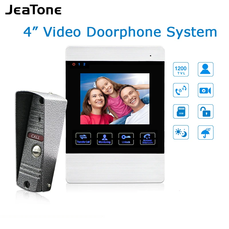 

JeaTone 4-дюймовая система видеодомофона наружный дверной звонок 1200TVL камера автоматическое устройство для хранения видео разблокировка металлический дверной Звонок