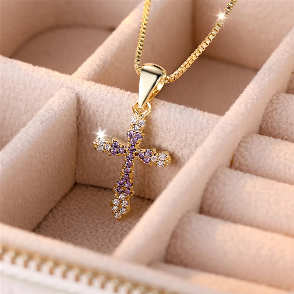Luxury Female Cross Pendant Necklace Vintage Yellow Gold Color Wedding Jewelry For Women