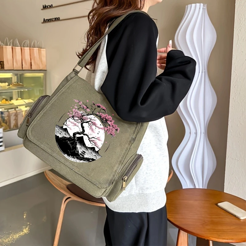 Vintage Women's Shoulder Bag Men's Crossbody Bag Canvas Messenger Bag Sakura Tree Large Capacity Laptop Bag