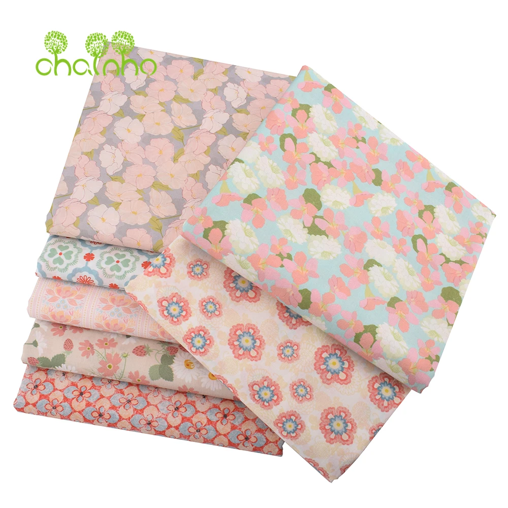 Chainho,Printed Plain Weave Poplin Cotton Fabric,DIY Quilting Sewing Material,Patchwork Cloth,Floral Series,2 Sizes,15PC219