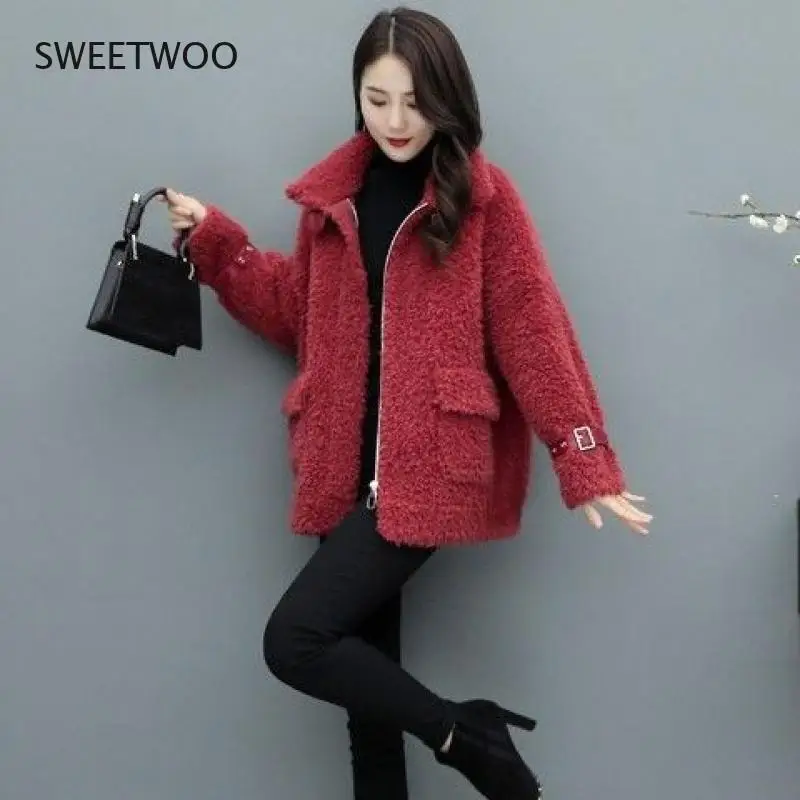 Women 2021 Winter New Fashion Double-Faced Fur Sheep Shearing Jackets Female faux Lamb Coat Mid-Long Loose Overcoat Contracted