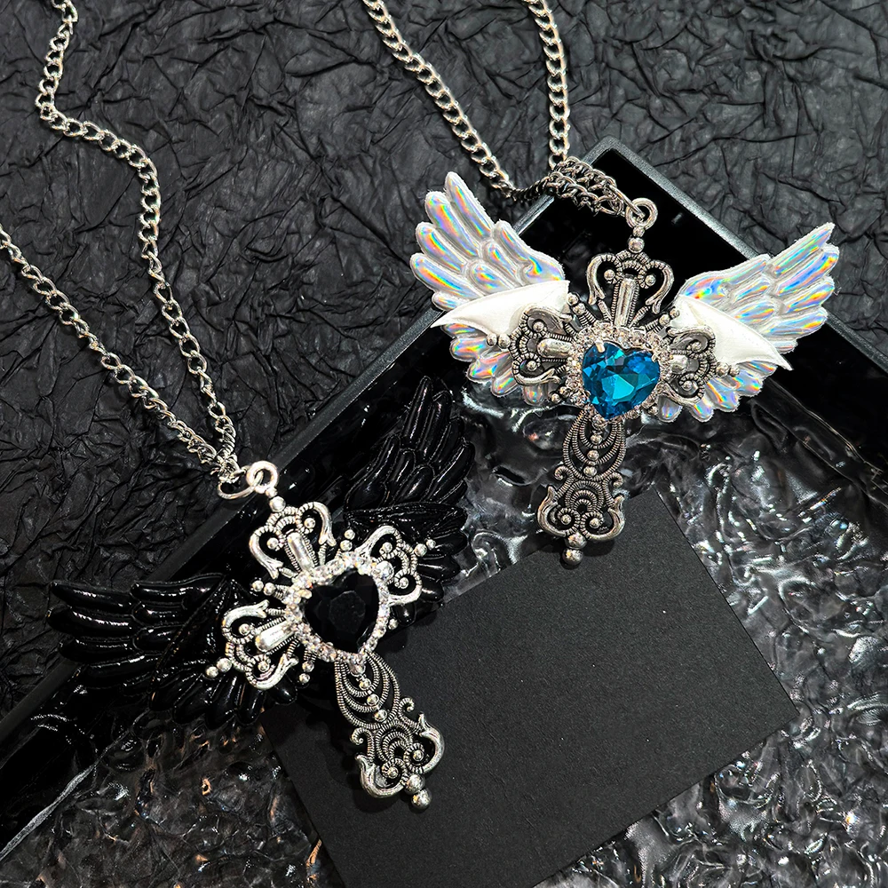 Y2K Gothic Angel Wing Heart Pendant Necklace Silver Tone Holographic & Black Wing Cross Necklaces for Women Punk Jewelry 3