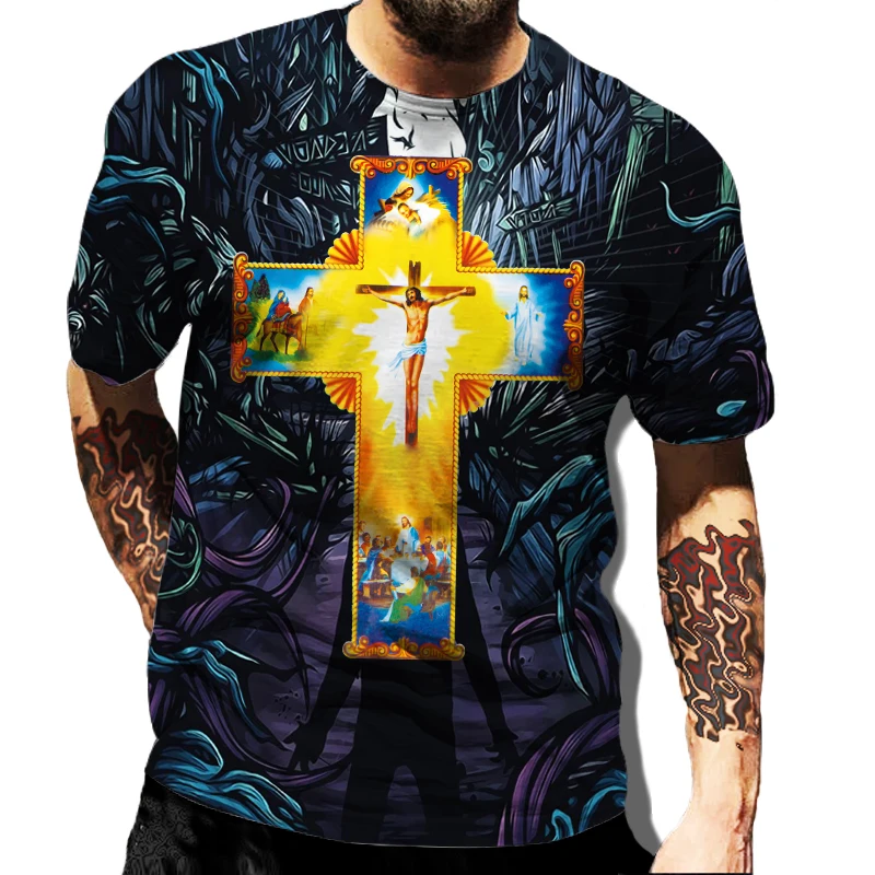 Jesus Cross Graphic T-shirt for Men Vintage 3D Printing Casual Men's Short Sleeve O-Neck Pullover Oversized Homewear Tops 6XL 2022 summer 3d printing 66 route men t shirt fashion o neck casual trend short sleeve oversized t shirt comfortable hip hop tops