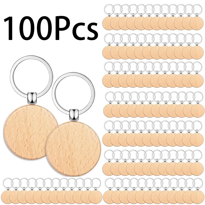 Porte-clés rond en bois, 100 pièces, porte-clés Portable en hêtre