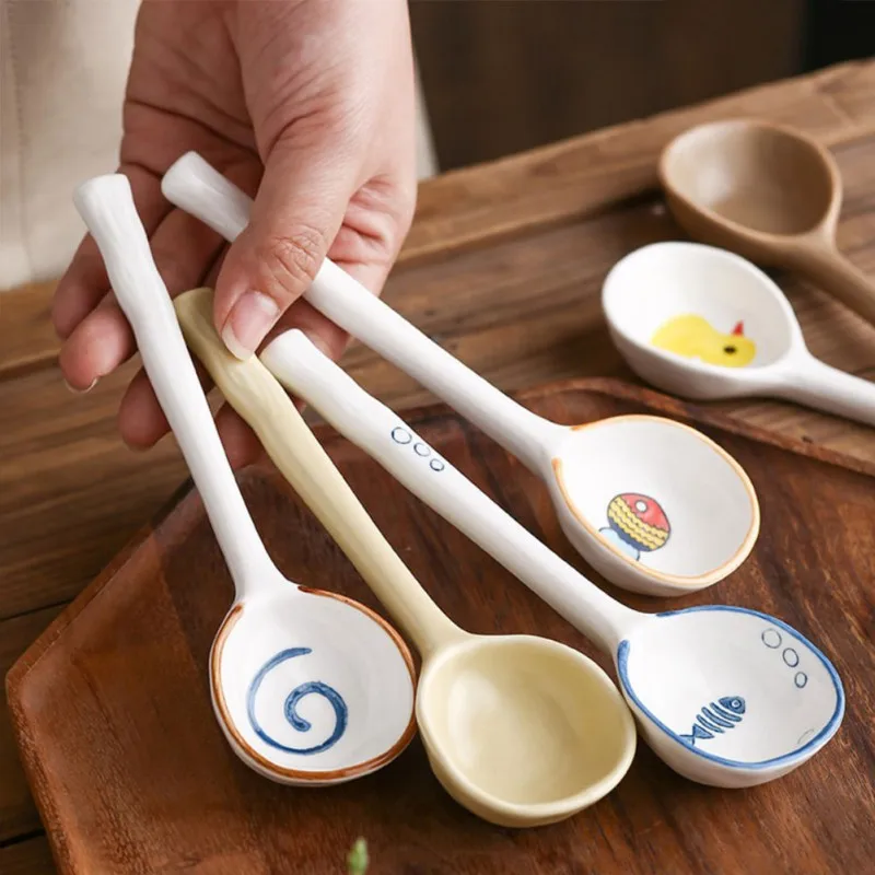 Ceramic Soup Spoon Japanese Tableware Eating Spoon Creative Long handle Spoons Kitchen Cooking Utensil Tool Teaspoon For Kitchen