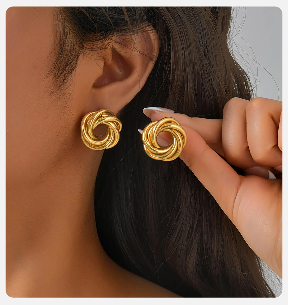 Vnox Gedrehte Hängeohrringe für Frauen, Goldfarben, Geometrischer Kreisförmiger Knoten-Ohrring, Modeschmuck – Detail 4