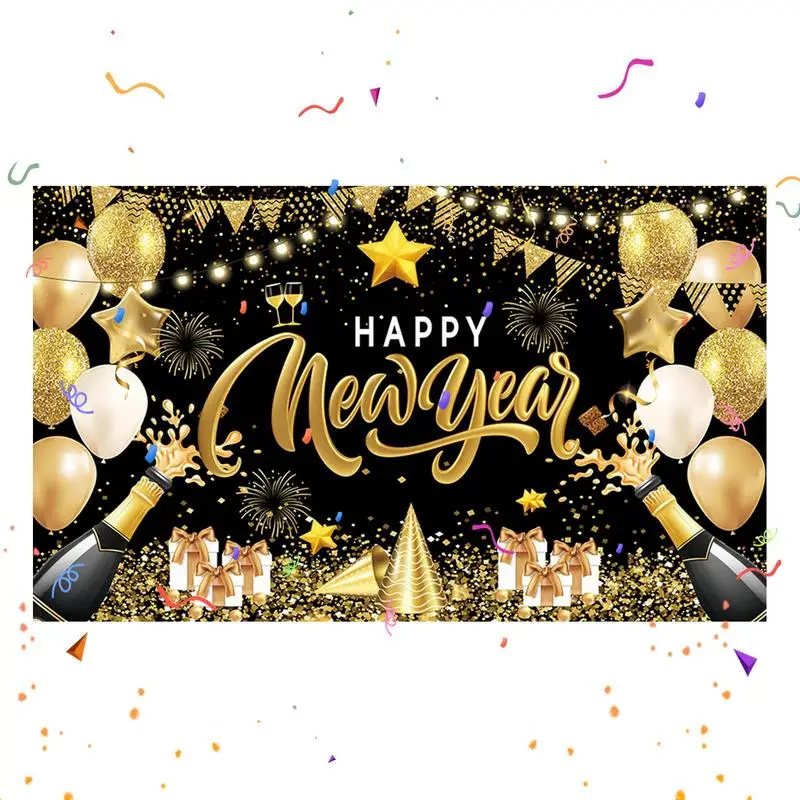 

Happy New Year Photography Backdrop 2024 Glitter Gold Champagne Balloons Fireworks Party for New Year Party Decoration Supplies