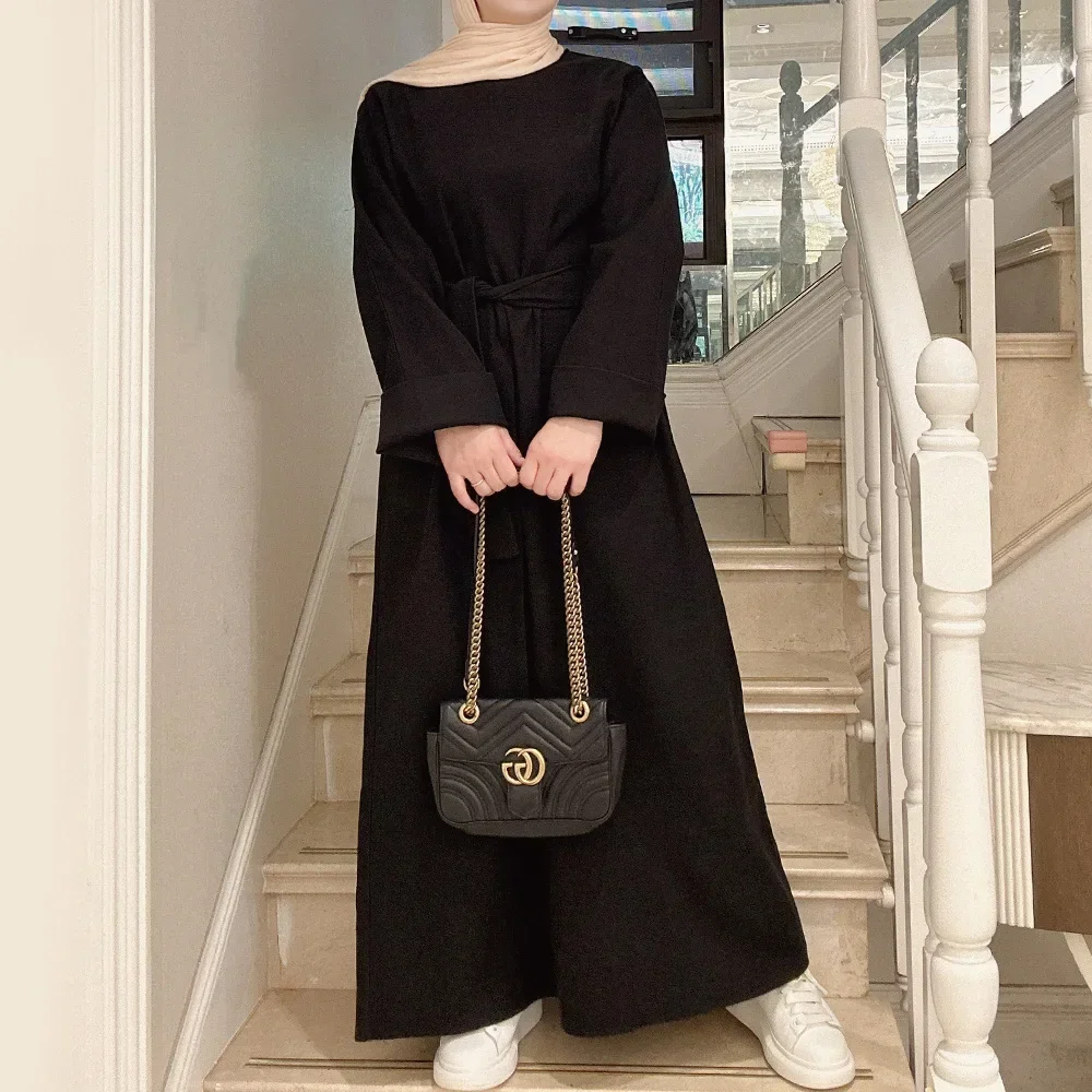 Winter Abaya Dubai Muslim Hijab Dress Plain Abayas for Women with Pockets Turkey Ramadan Eid Autumn Islamic Clothing Kaftan Robe