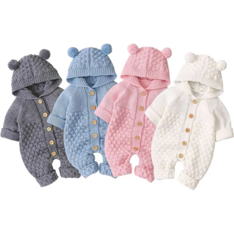 0-24months Newborn Winter Hooded Romper Long Sleeve Knitted Solid Color Jumpsuit For Infant Boys And Girls Knitted Long Playsuit 1
