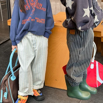 2026 Soft Stretch Denim Kids Striped Jeans Elastic Waist Roll-Up Cuffs Pants for Boys Girls 1-7Y Casual School Outdoor Trousers 1