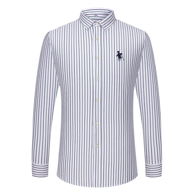 S~6XL Men\'s Long Sleeve Striped Plaid Casual Shirt Cotton Oxford Shirt Men\'s Pocket Regular Fit Button Work Shirt