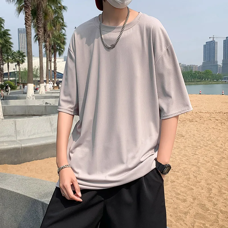 

2024 Half Sleeve Solid Color Men Tshirt Casual Baggy Short Sleeve T-shirt Japanese Style Oversized T Shirt Men's Clothing A48