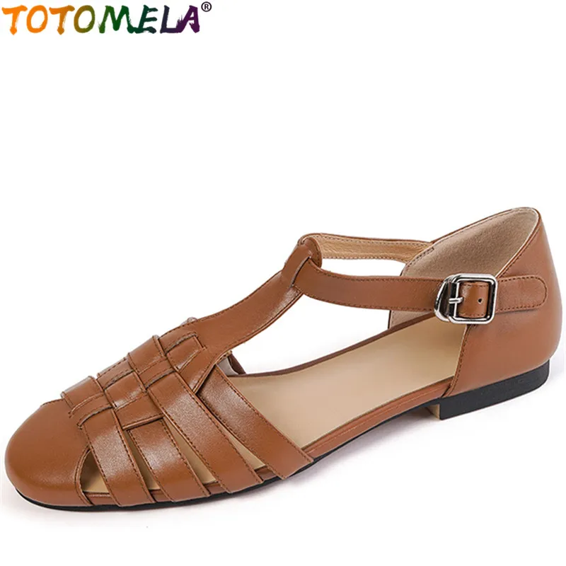

TOTOMELA 2022 New Career Buckle Square Low Heels Shoes Vintage Genuine Leather Sandals Woman Ladies Dress Sandals