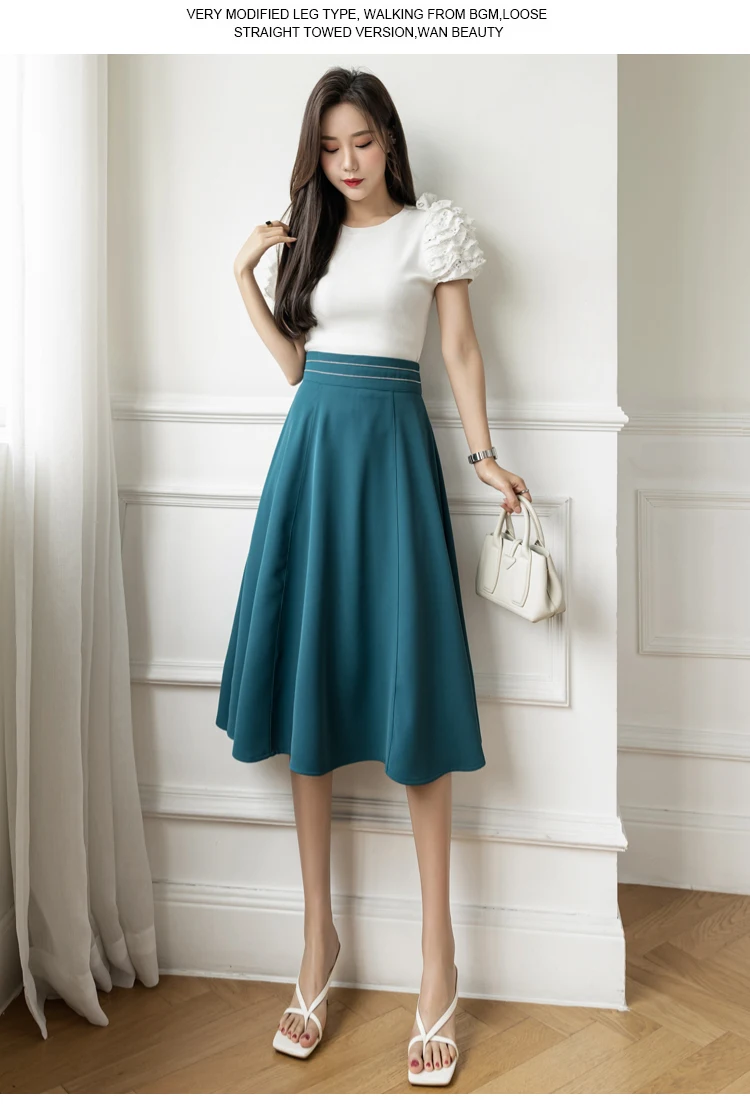 satin midi skirt Elegant Pleated Midi Skirts Womens 2022 Spring Summer Korean Casual Fashion Slim High Waist A-line Skirt Ladies Chic Black Blue leather skirt