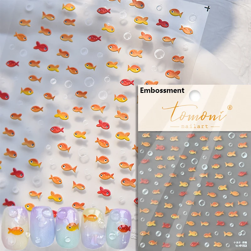 Shimmering Ocean-Themed Nail Art Stickers with Little Red Fish and Goldfish Designs