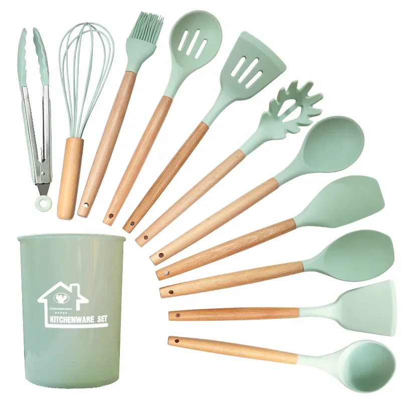 12-Piece Silicone Non-Stick Kitchen Utensil Set with Wooden Handles