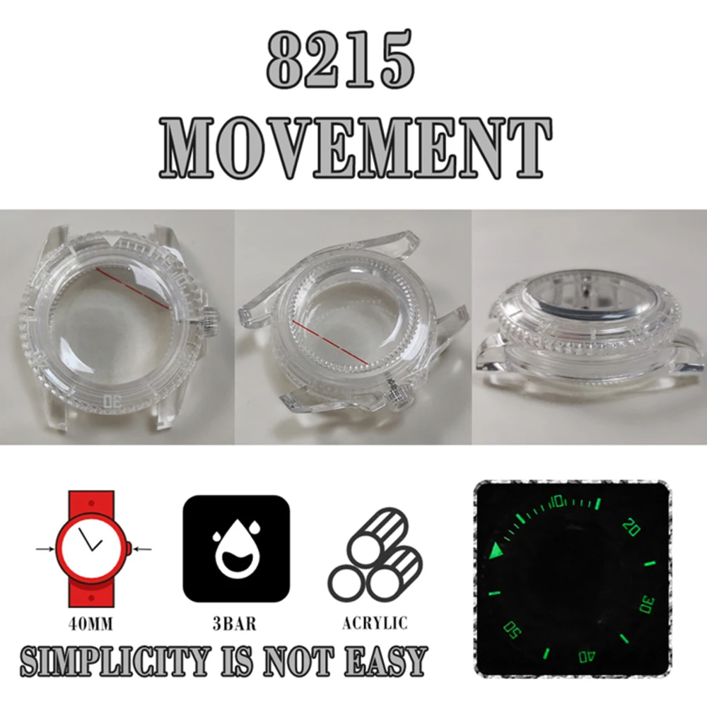 40mm Transparent Plastic Case Acrylic Mirror Green Luminous Watch Case for 8215 8200 821A and Mingzhu 2813 Automatic Movement