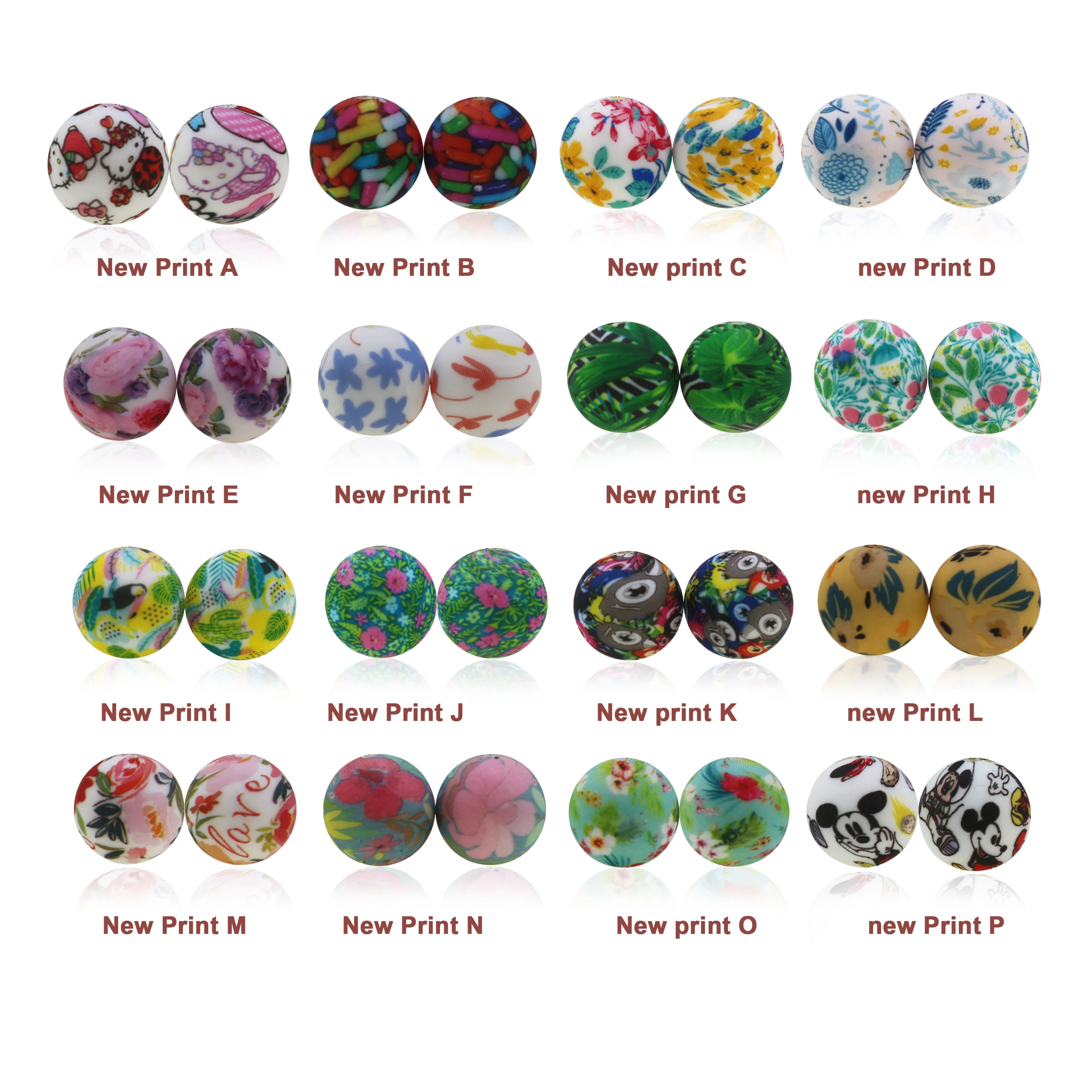 10Pc Mixed Colorful Flowers Print Silicone Beads 15mm Daisy Lotus Leaf  Zephyranthes Pond Lily Prunus Triloba Teething Bead