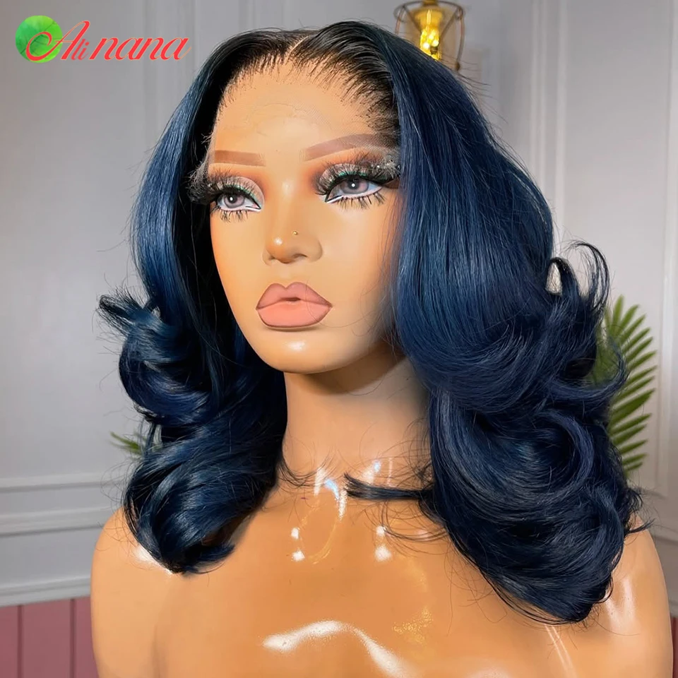 Blue With Root Colored Short Bob Wig 13x4 Lace Frontal Wigs  display picture 3