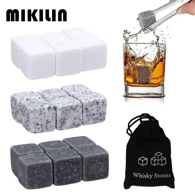 6Pcs Whiskey Stones Ice Cubes Set Wine Beer Cooler Reusable Natural Granite Whisky Chilling Rock Wedding Gift Bar Accessories ice cubes whiskey stones