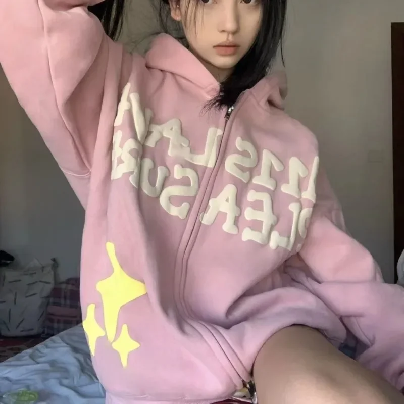 

Star Girl Y2k Pink Hoodie Women Oversize Korean Fashion Streetwear Zipup Hooded Sweatshirts Autumn Winter Long Sleeve