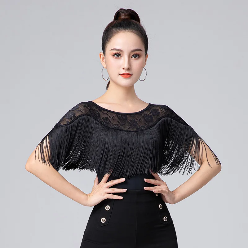 

Ladies One Piece Black Latin Dance Dress fringed collar modern dance stage Shirt 4XL modern dance short sleeve Tops