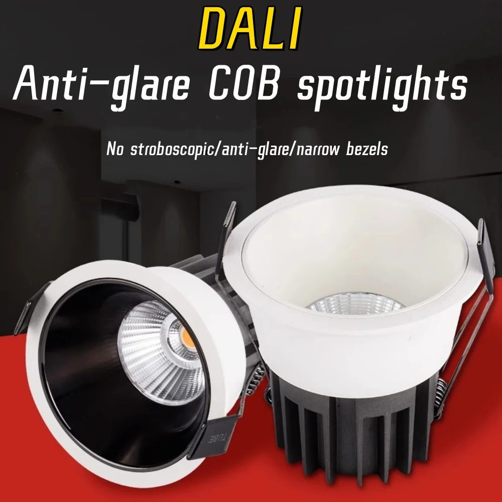 DALI 디밍 가능 매립형 눈부심 방지 COB 스포트라이트 LED 다운라이트 7W 12W 15W 좁은 베젤 천장 램프 AC220V 실내 조명