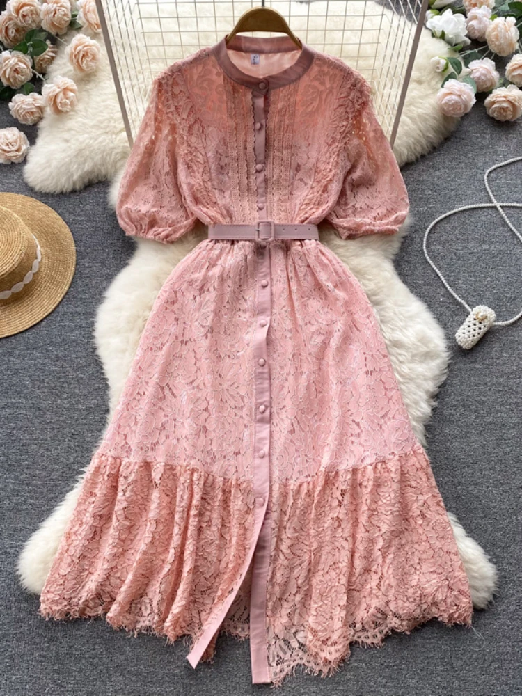 

Летнее белое платье для женщин с коротким рукавом Кружевное длинное платье миди Лидер продаж