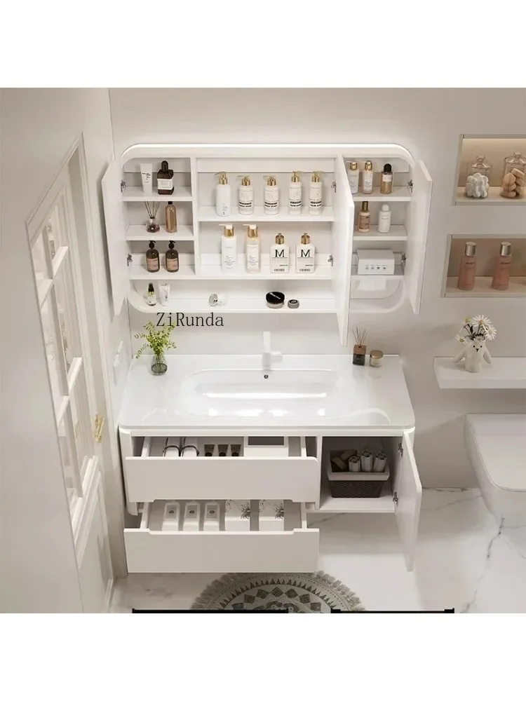 Simple Smart Bathroom Cabinet Ceramic Integrated Basin Makeup Storage Bathroom Mirror Cabinet Fashion Home