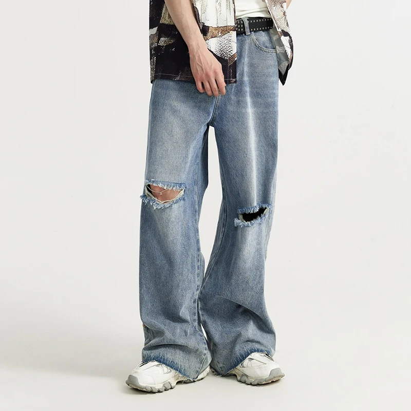 High Quality Men Ripped Jeans Vintage Blue Wide Leg Denim Pants Side Button Patchwork Hip Hop Spring Streetwear Baggy Trouser