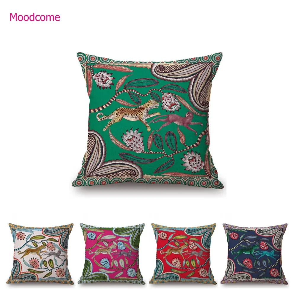 

Classic Jungle Animal Pattern Purple Green Exotic Luxury Home Decoration Art Cotton Linen Sofa Pillow Case Bench Cushion Cover