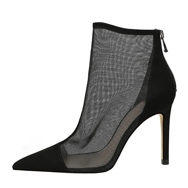 New Spring Autumn Sexy Mesh Women Ankle Boots Pointed Toe Fashion Zip Ladies Party Stiletto High Heels Shoes Size 34-40