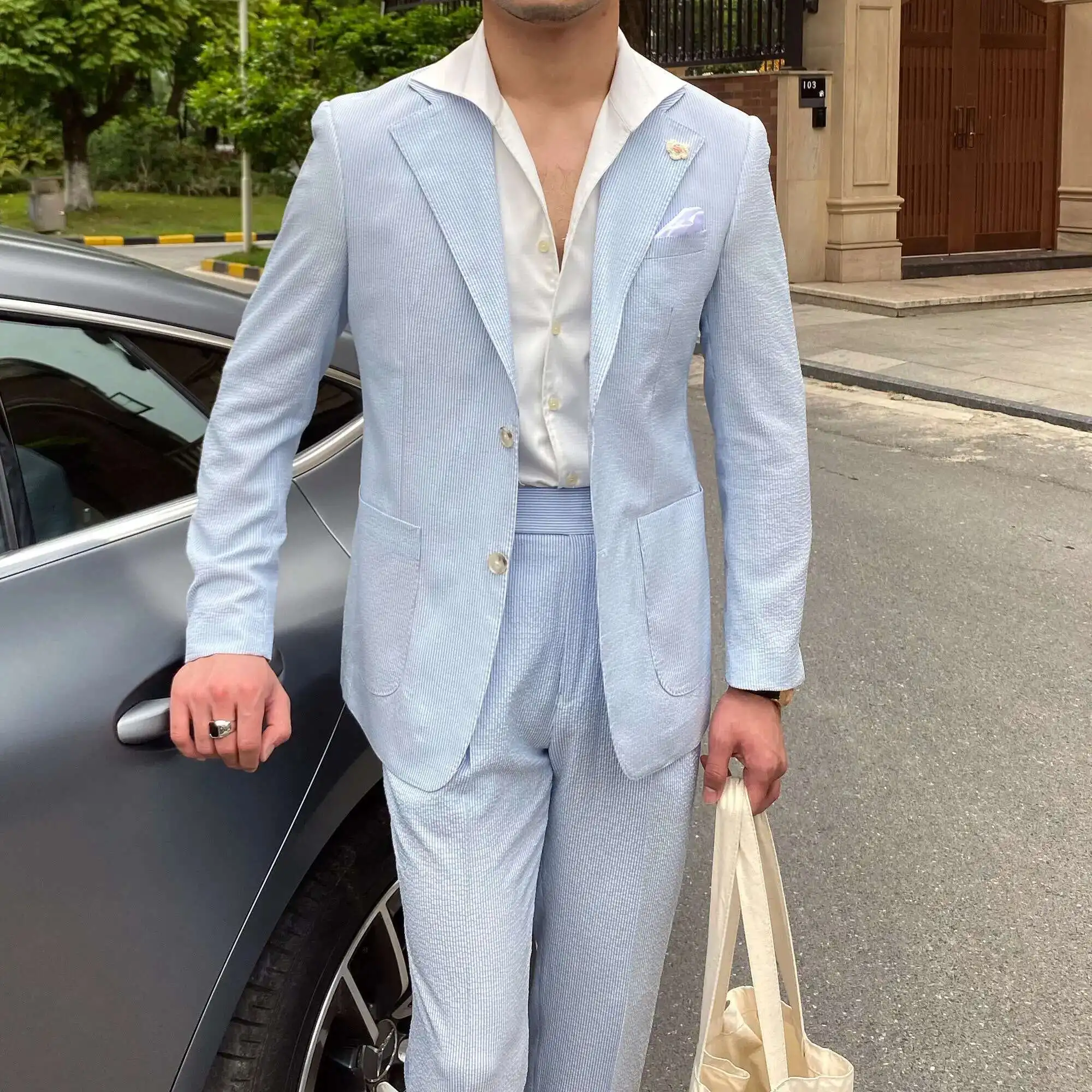 Summer Thin Men Leisure Blue Striped Seersucker Suit British Gentry Suit Men Business Tuxedos Slim Fit Groom
