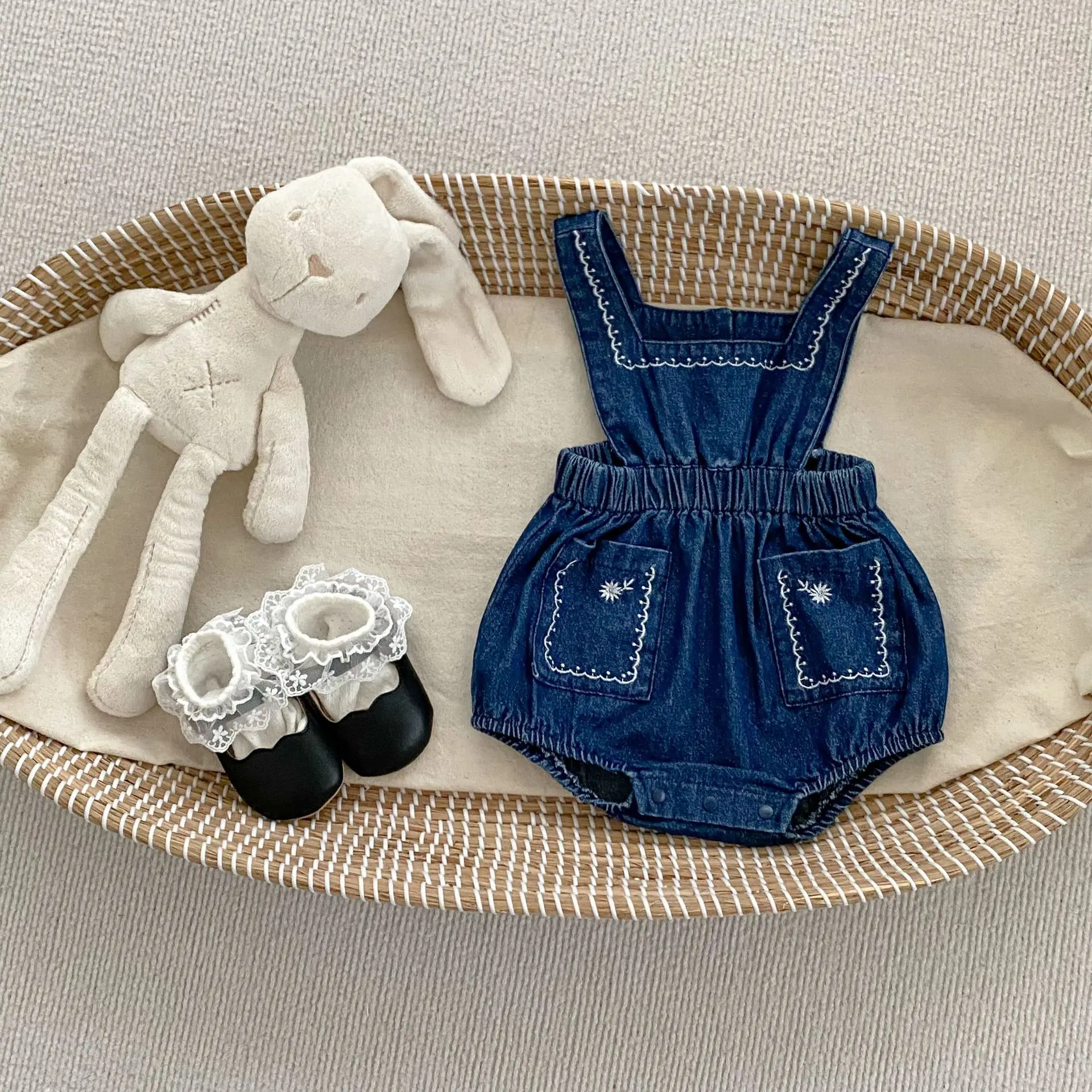 8513 2024 Spring Baby Clothes Set Denim Jeans Romper Set