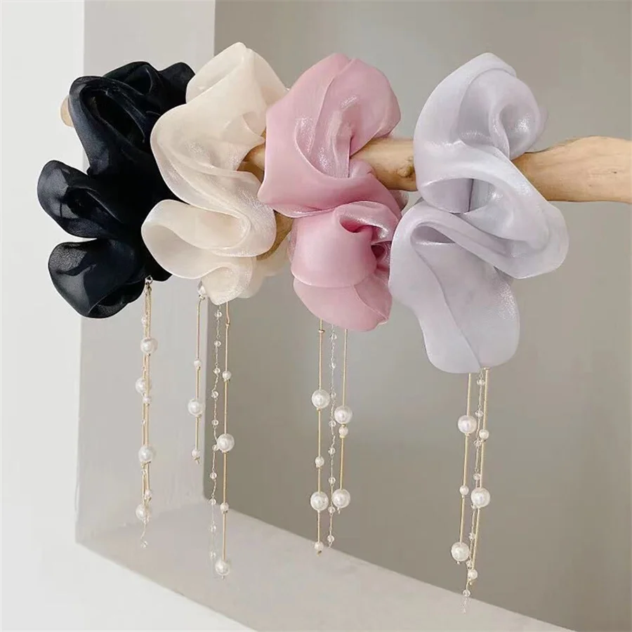 Fashion Chiffon Lady Hair Scarf Scrunchies Elastic Hair Band Rope For Women Girl Pearl tassel Hair Ribbons Hair Accessories Gift french trendy beading flare capris lady simple leisure joker slit pearl stretch micro flared slim fit jeans wide leg ninth pants