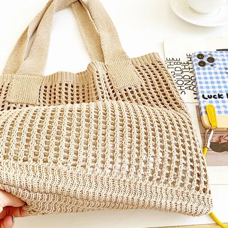 Retro Women's Knitted Shoulder Bag Large Capacity Woven Crochet Handbag Hollow Shopper Bag for Girls