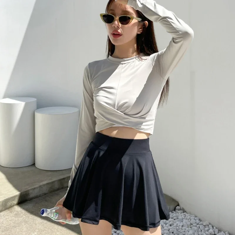 

women's Swimwear With Cover Up Three Piece Bikini Sets Long Sleeves High WaistSolid Short Skirt Biquini Female Bathing Suits