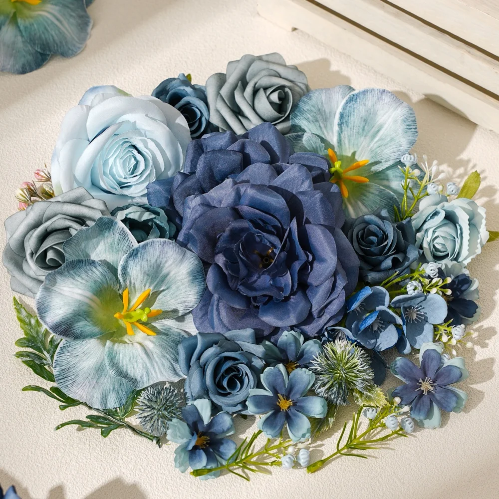 15 Stück/Packung Blaue Künstliche Blumen Seidenrosen Kunstblumen für Hochzeitsdekoration Heim Raumdekoration Girlande Bastelzubehör Geschenke