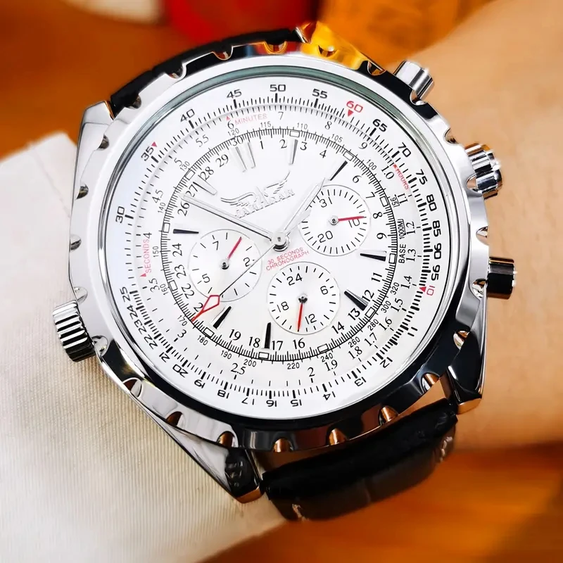 Men's Premium Pilot Timepiece – Automatic Movement with 24-Hour Display and Sophisticated Faux Leather Strap – Ideal for Business or Casual Attire