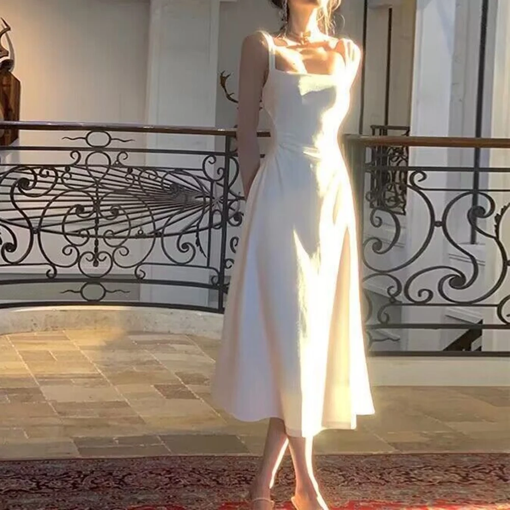 

Summer Evening Party Midi Dress Office Lady Slim Sexy Sleeveless Strap Dress Beach Style Women Square Collar Long Strap Dress