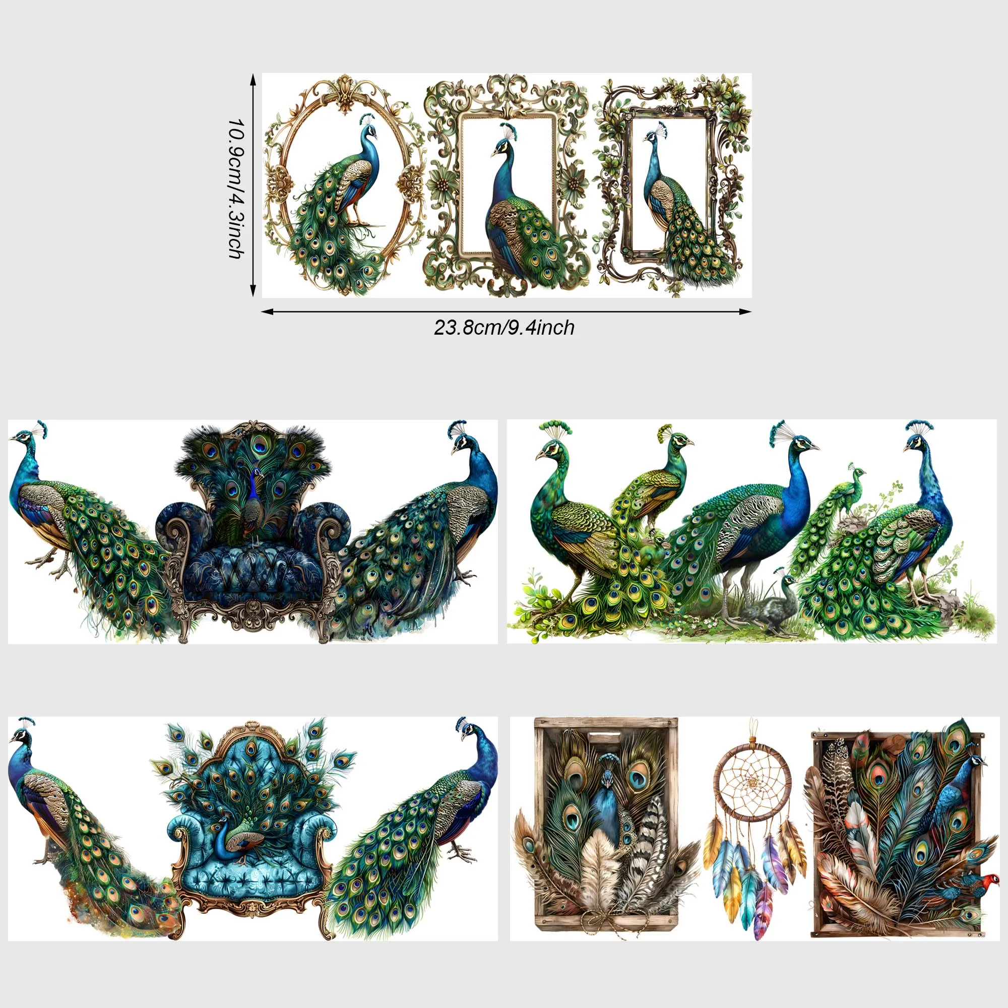 5 sheets Peacock UV DTF Cup Holder 16 oz, Beautiful Peacock DTF Cup Holder Transfer Glass, Water Bottle Waterproof Sticker
