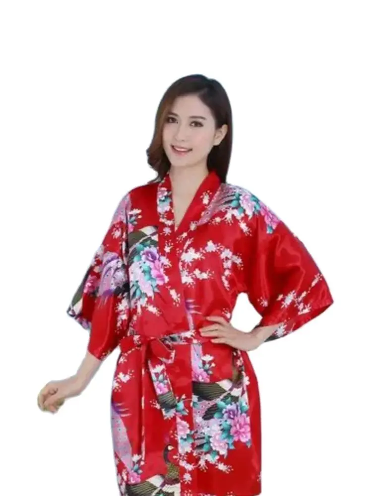 1pcs/lot woman sexy print peacock pajamas faux silk short v-neck summer robes plus size