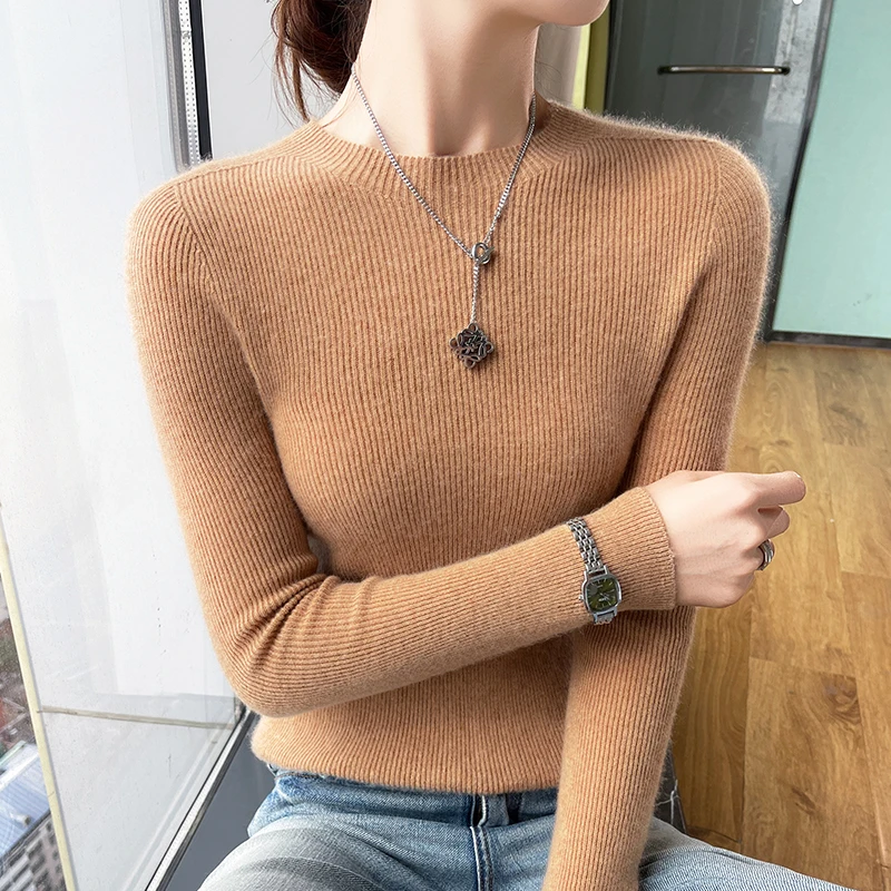 Women's O-neck solid color autumn and winter sweater thick pullover 100% cashmere soft and slim Korean popular clothes tops. 3