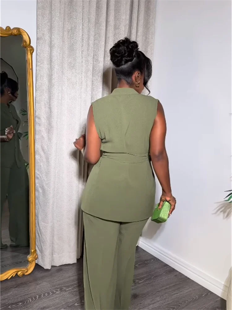 Wmstar Two Piece Set for Women Long Pants Stand Up Collar Button Sleeveless Waist Tie with Wide Legs Wholesale Dropshipping 2024