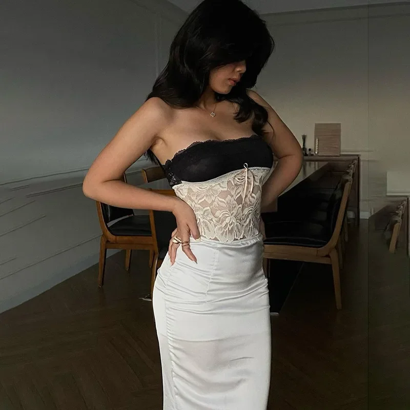Halter Lace See-Through Crop Top Ruffled Contrast Tank Top - Y2K Fashion Patchwork Strapless Sexy Contrast Cropped Top