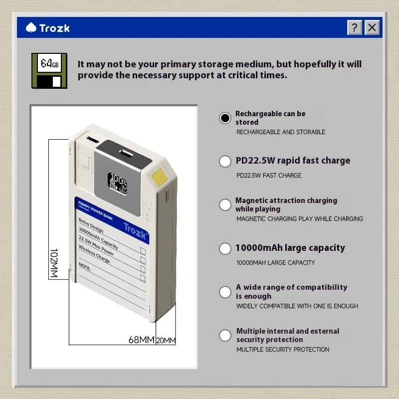 Trozk パワーバンク 10000 Mah フロッピーディスク磁気モバイル電源