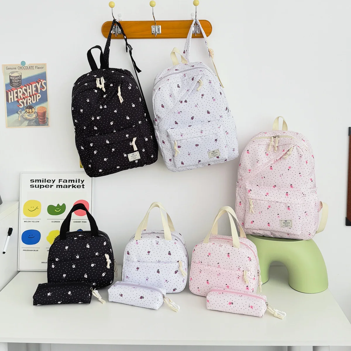 Youth Polka Dot Strawberry Print Three Piece Backpack Set Lightweight Multifunctional Slanted Zipper Backpack Campus Outdoor 4